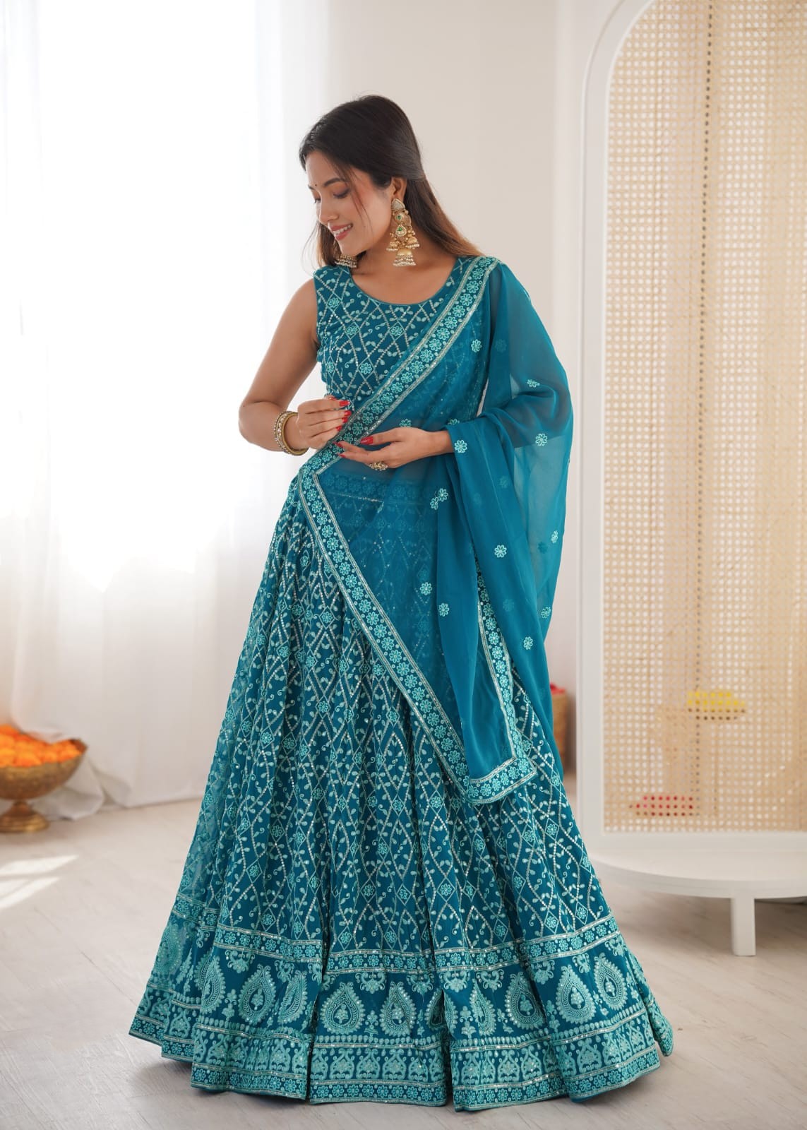Teal Blue Embroidered Faux Georgette Lehenga With Sequins & Dupatta
